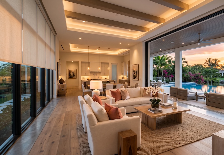 Luxury South Florida living room with motorized shades, layered lighting, and open glass walls overlooking a pool at sunset.