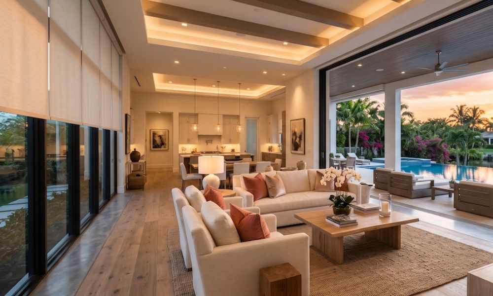 Luxury South Florida living room with motorized shades, layered lighting, and open glass walls overlooking a pool at sunset.