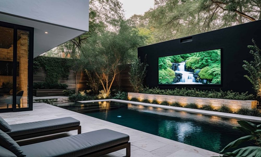 Large video wall on an outdoor wall next to a lush green pool area.