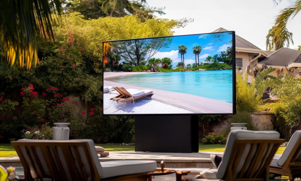 Large MicroLED outdoor TV on a sleek black stand in a lush backyard with lounge chairs and tropical greenery.